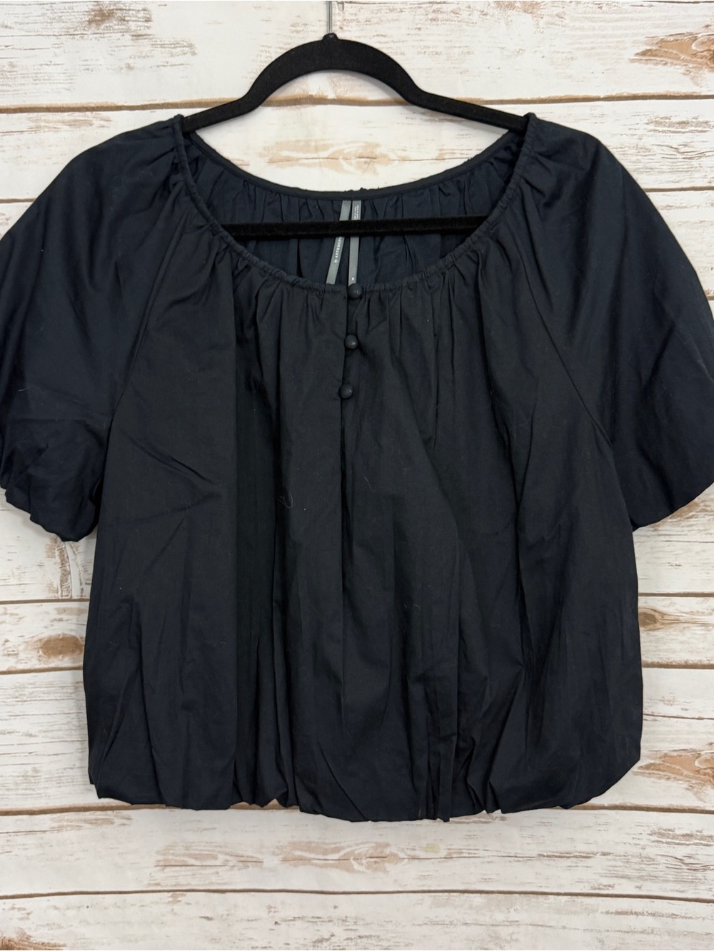 Anthropologie Black Peasant Blouse Puff Sleeve Gathered Hem Size Medium